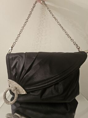 Sergio Fererri Elegant Black Satin Clutch with Crystal Ring Accent